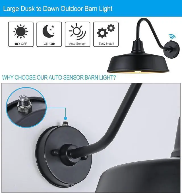 Alt view image 3 of 7 - JOESA Outdoor Gooseneck Barn Light Fixture with a 15 inch Long Extended Arm - Dusk to Dawn Porch Light, Vintage, and a Rustic Style for House, Patio, or Exterior