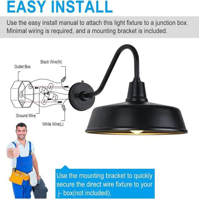 Alt view image 5 of 7 - JOESA Outdoor Gooseneck Barn Light Fixture with a 15 inch Long Extended Arm - Dusk to Dawn Porch Light, Vintage, and a Rustic Style for House, Patio, or Exterior