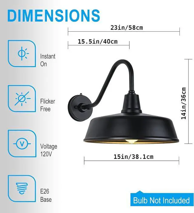 Alt view image 4 of 7 - JOESA Outdoor Gooseneck Barn Light Fixture with a 15 inch Long Extended Arm - Dusk to Dawn Porch Light, Vintage, and a Rustic Style for House, Patio, or Exterior