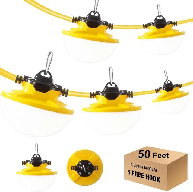 Main image of 50FT Construction String Light 65W 8000Lm, 5000K Industrial Grade LED String Work Lights, IP65 Waterproof Temporary Lighting for Construction Sites, Renovation, Mine Cave, Job Site, Walkways