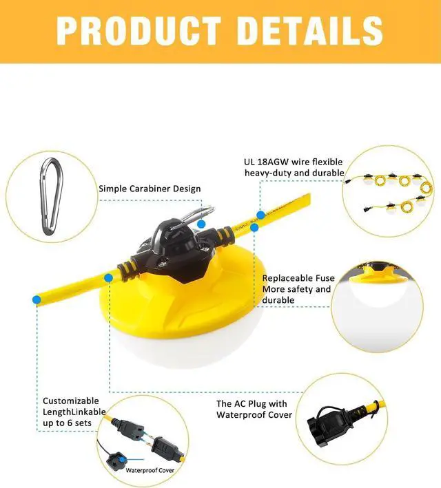 Alt view image 2 of 7 - 50FT Construction String Light 65W 8000Lm, 5000K Industrial Grade LED String Work Lights, IP65 Waterproof Temporary Lighting for Construction Sites, Renovation, Mine Cave, Job Site, Walkways