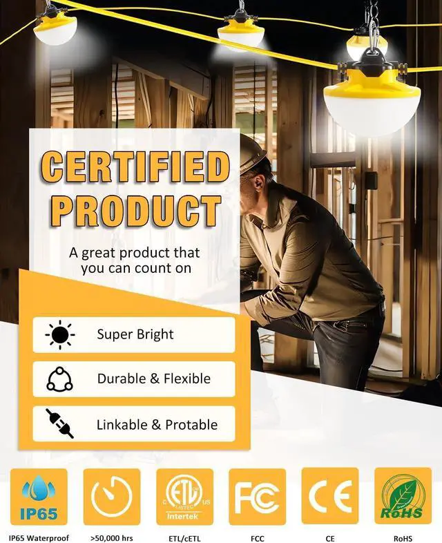 Alt view image 5 of 7 - 50FT Construction String Light 65W 8000Lm, 5000K Industrial Grade LED String Work Lights, IP65 Waterproof Temporary Lighting for Construction Sites, Renovation, Mine Cave, Job Site, Walkways