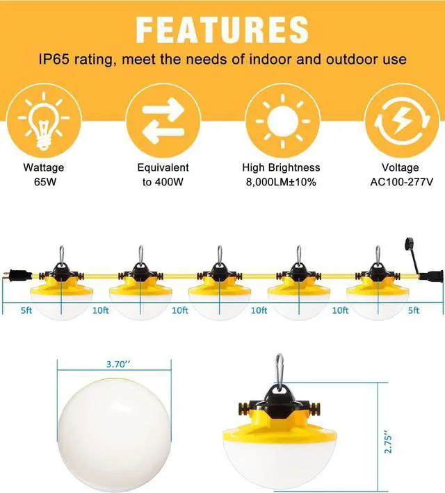 Alt view image 6 of 7 - 50FT Construction String Light 65W 8000Lm, 5000K Industrial Grade LED String Work Lights, IP65 Waterproof Temporary Lighting for Construction Sites, Renovation, Mine Cave, Job Site, Walkways