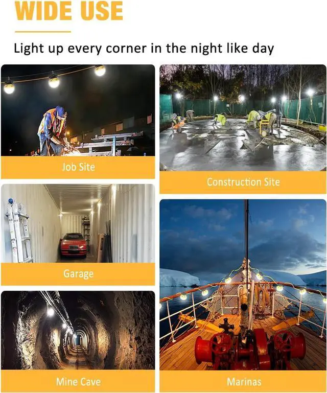 Alt view image 7 of 7 - 50FT Construction String Light 65W 8000Lm, 5000K Industrial Grade LED String Work Lights, IP65 Waterproof Temporary Lighting for Construction Sites, Renovation, Mine Cave, Job Site, Walkways
