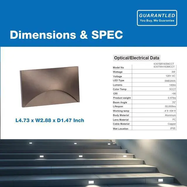 Alt view image 6 of 7 - Outdoor Step Lights 6 Pack Arch, 120V 5CCT Selectable Stair Lights Indoor, Waterproof LED Deck Lights Hardwired Dimmable, Brown Finish Aluminum Outdoor Lighting, ETL Wet Rated