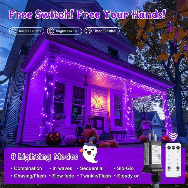 Alt view image 3 of 7 - JMEXSUSS 400 LED Purple Halloween Lights Outdoor: 132ft Purple Lights Plug in with Remote - Indoor String Light for Halloween Christmas Decorations
