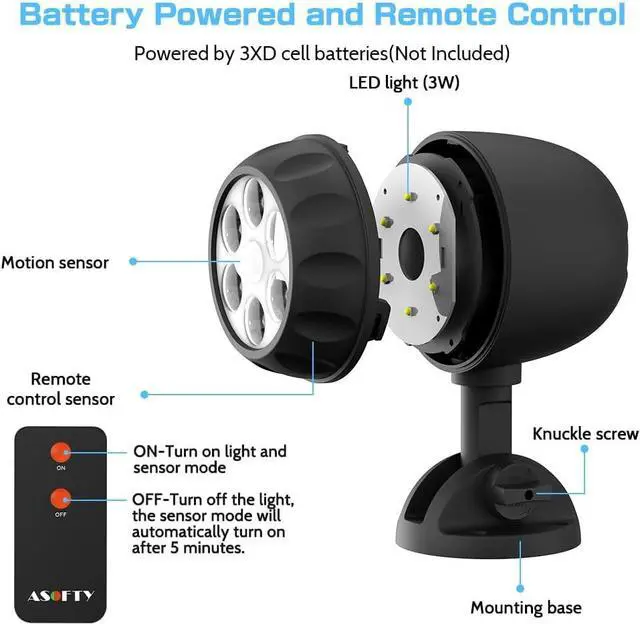 Alt view image 5 of 7 - ASOFTY Wireless Battery Operated Motion Sensor Outdoor Light, 6 LED 1000LM LED Spotlights with Remote Control, IP65 Waterproof 6000K Motion Security Light for Garage Yard Porch and Patio