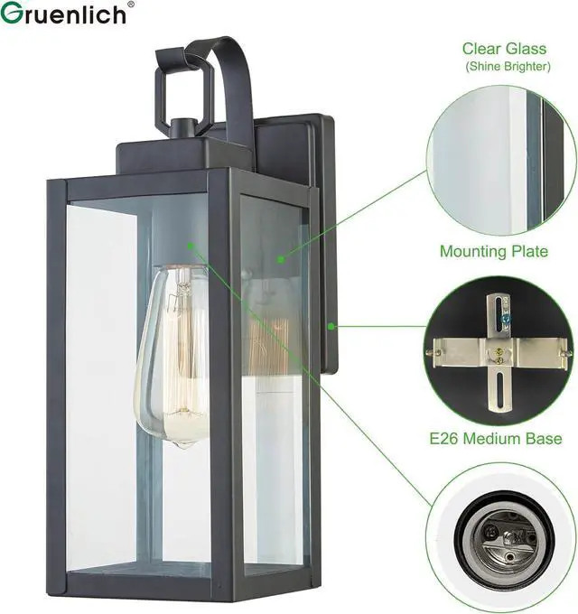 Alt view image 2 of 7 - GRUENLICH Outdoor Wall Lantern, Wall Sconce for Porch Lighting Fixture, E26 Base Max 60W, Metal Housing Plus Glass, Matte Black Finish, Bulb Not Included, 1-Pack