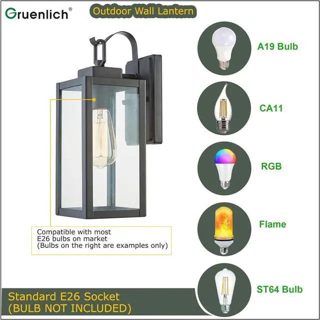 Alt view image 3 of 7 - GRUENLICH Outdoor Wall Lantern, Wall Sconce for Porch Lighting Fixture, E26 Base Max 60W, Metal Housing Plus Glass, Matte Black Finish, Bulb Not Included, 1-Pack