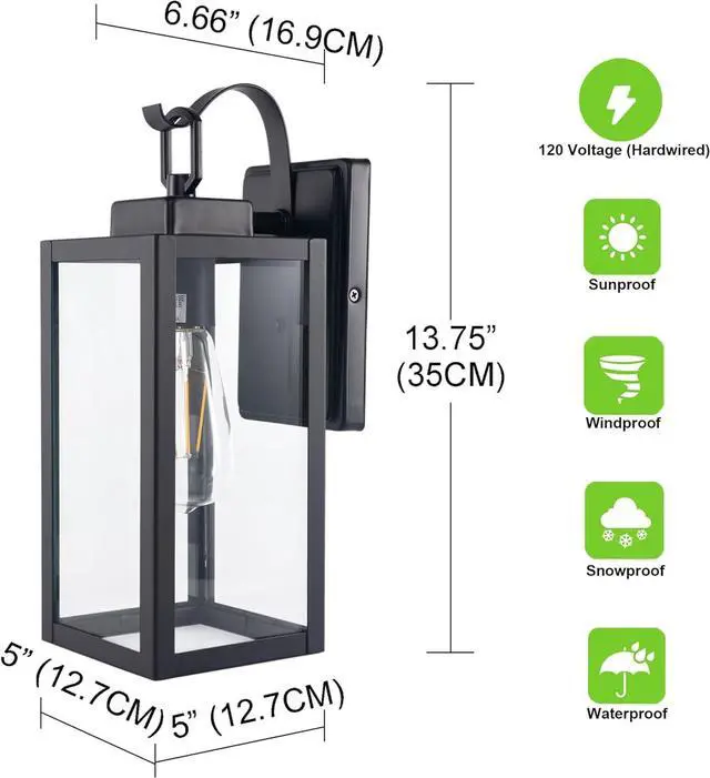 Alt view image 4 of 7 - GRUENLICH Outdoor Wall Lantern, Wall Sconce for Porch Lighting Fixture, E26 Base Max 60W, Metal Housing Plus Glass, Matte Black Finish, Bulb Not Included, 1-Pack