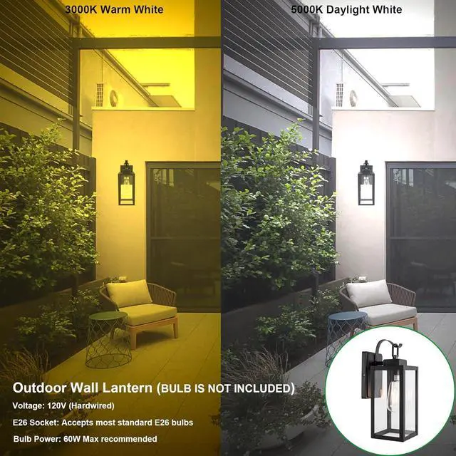 Alt view image 5 of 7 - GRUENLICH Outdoor Wall Lantern, Wall Sconce for Porch Lighting Fixture, E26 Base Max 60W, Metal Housing Plus Glass, Matte Black Finish, Bulb Not Included, 1-Pack
