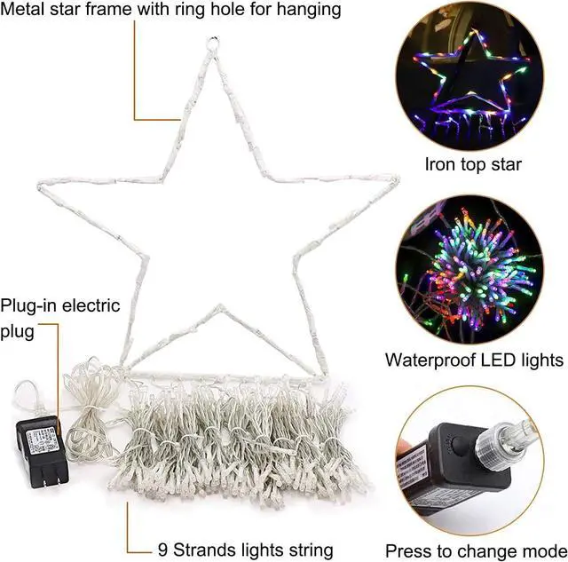 Alt view image 7 of 7 - Christmas Decoration Lights, Outdoor Christmas String Lights 320 LED 11.5 Ft Waterfall Tree Lights with Big Star Topper 8 Light Modes for Christmas New Year Holiday Garden Yard Indoor Outdoor Decor