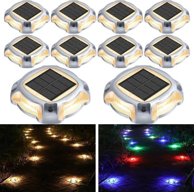 Main image of AGPTEK Metal Multi-Colors In 1 Solar Driveway Lights Outdoor 10 Pack, Aluminum RGB Deck Dock Marine LED Solar Powered Waterproof Decorative Marker Security Light for Garden, Yard, Step, Sidewalk, Path
