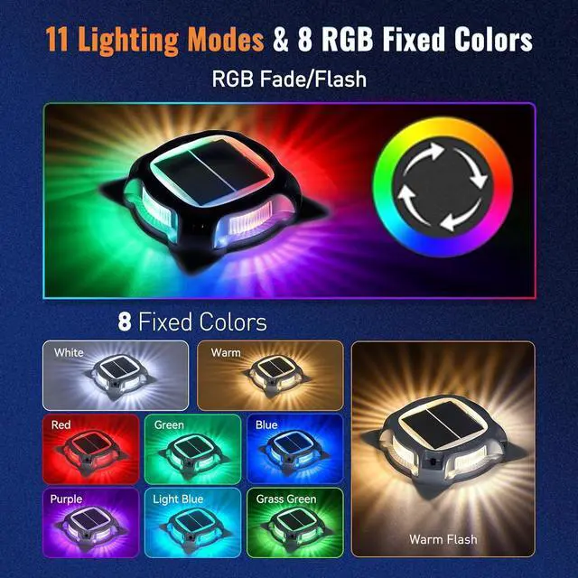 Alt view image 2 of 7 - AGPTEK Metal Multi-Colors In 1 Solar Driveway Lights Outdoor 10 Pack, Aluminum RGB Deck Dock Marine LED Solar Powered Waterproof Decorative Marker Security Light for Garden, Yard, Step, Sidewalk, Path