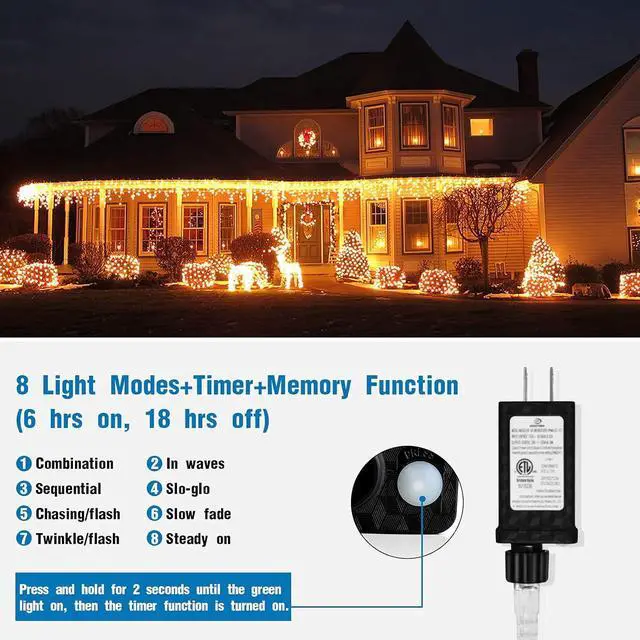 Alt view image 3 of 7 - 32.8ft 400 LED Icicle String Lights, 8 Modes Waterproof Icicle Christmas Lights Outdoor with Memory Function, Curtain Fairy Lights Hanging Decor for Home, Party, Christmas & Halloween (Warm White)