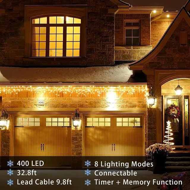 Alt view image 5 of 7 - 32.8ft 400 LED Icicle String Lights, 8 Modes Waterproof Icicle Christmas Lights Outdoor with Memory Function, Curtain Fairy Lights Hanging Decor for Home, Party, Christmas & Halloween (Warm White)