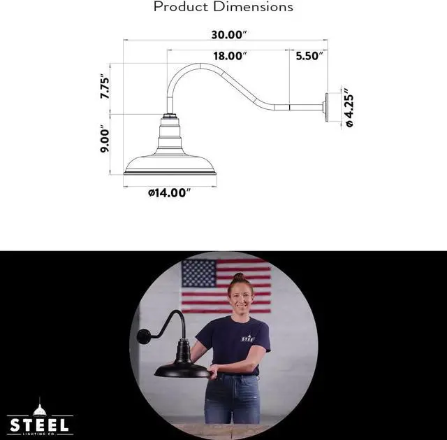 Alt view image 2 of 7 - Steel Lighting Co. Topanga Barn Light | Outdoor Wall Mounted | Farmhouse Garage Light Made in America | 14 inch Dome | 23 inch Gooseneck | Galvanized Exterior/Galvanized Interior