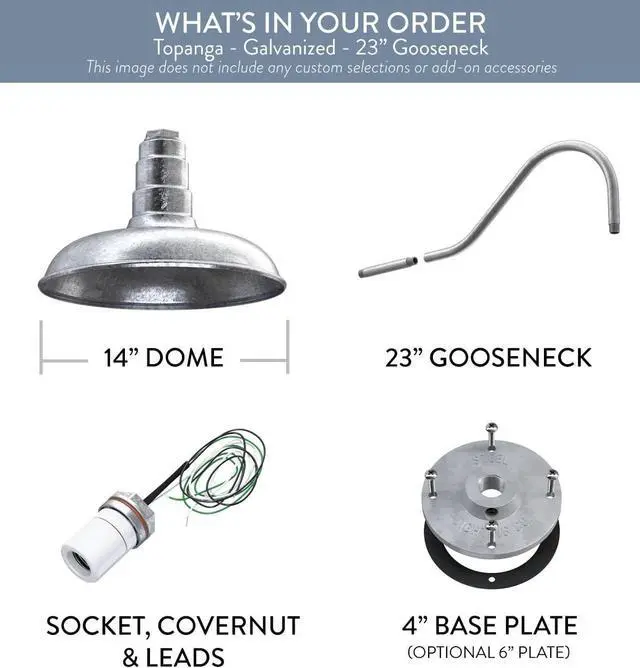 Alt view image 6 of 7 - Steel Lighting Co. Topanga Barn Light | Outdoor Wall Mounted | Farmhouse Garage Light Made in America | 14 inch Dome | 23 inch Gooseneck | Galvanized Exterior/Galvanized Interior