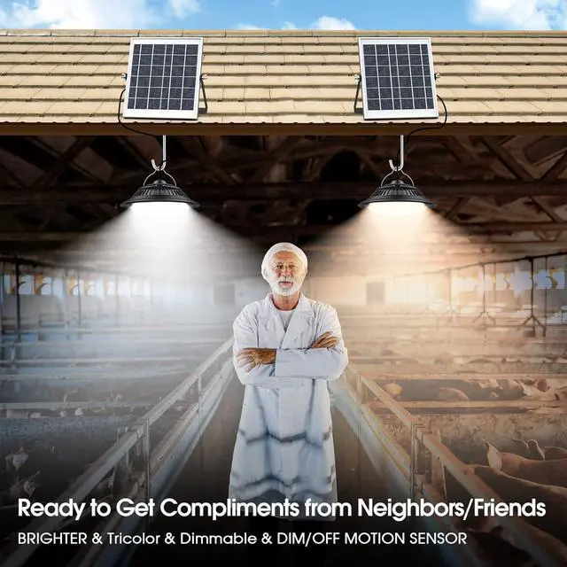 Alt view image 3 of 7 - Solar Pendant Lights Motion Sensor, 5 Modes Dimmable 6000K/4000K/3200K Solar Shed Lights with ON Off Switch & Remote, Daytime Waterproof Indoor/Outdoor Hanging Chandelier for Barn Chicken Coop