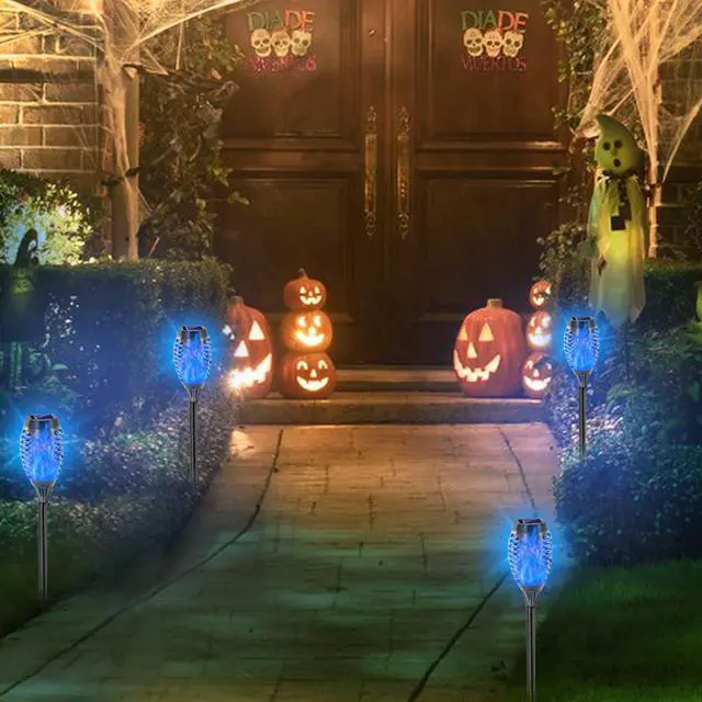 Alt view image 6 of 7 - EOYIZW Solar Lights Outdoor, 12 Pack Blue Solar Torch Light with Flickering Flame, 12 LED Tiki Torches for Outside Lights Waterproof Landscape Easter Decoration Outdoor for Garden Yard