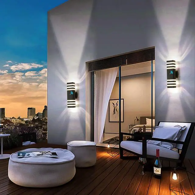 Alt view image 4 of 7 - tewei Dusk to Dawn Outdoor Wall Lights, Modern Exterior Light Fixture, 3-Layer Up and Down Matte Black Outdoor Lights IP65 3000K Warm White Waterproof Modern Wall Sconce for Garage Porch, 2 Pack