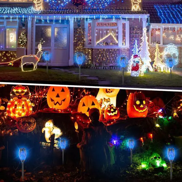 Alt view image 3 of 7 - EOYIZW Solar Lights Outdoor, 12 Pack Blue Solar Torch Light with Flickering Flame, 12 LED Tiki Torches for Outside Lights Waterproof Landscape Easter Decoration Outdoor for Garden Yard