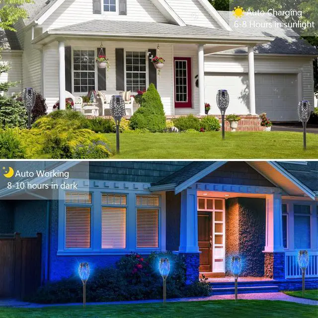 Alt view image 4 of 7 - EOYIZW Solar Lights Outdoor, 12 Pack Blue Solar Torch Light with Flickering Flame, 12 LED Tiki Torches for Outside Lights Waterproof Landscape Easter Decoration Outdoor for Garden Yard