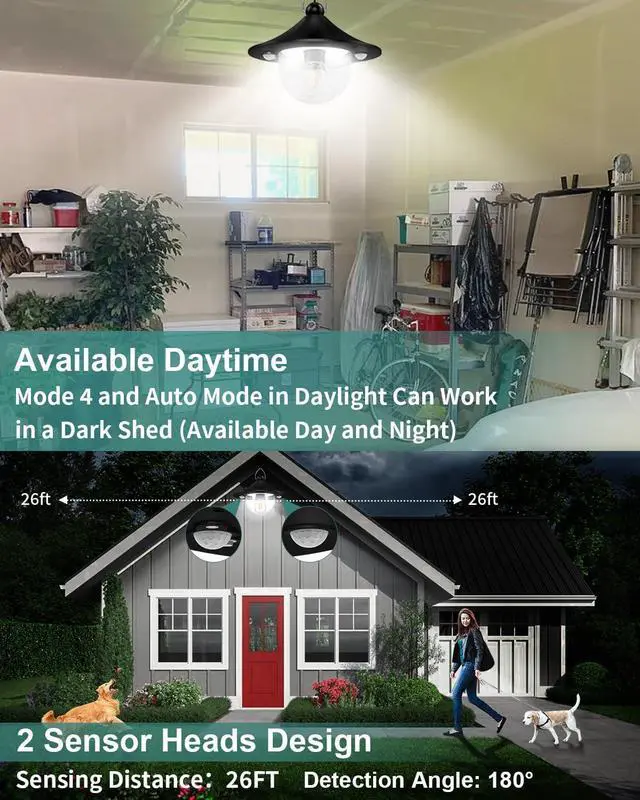 Alt view image 2 of 7 - Solar Shed Light Outdoor Indoor 3000LM Solar Lights Daytime Available with Remote Control, Double Motion Sensor & 5 Lighting Modes, Solar Indoor Lights for Gazebo, Shed, Garage, Barn