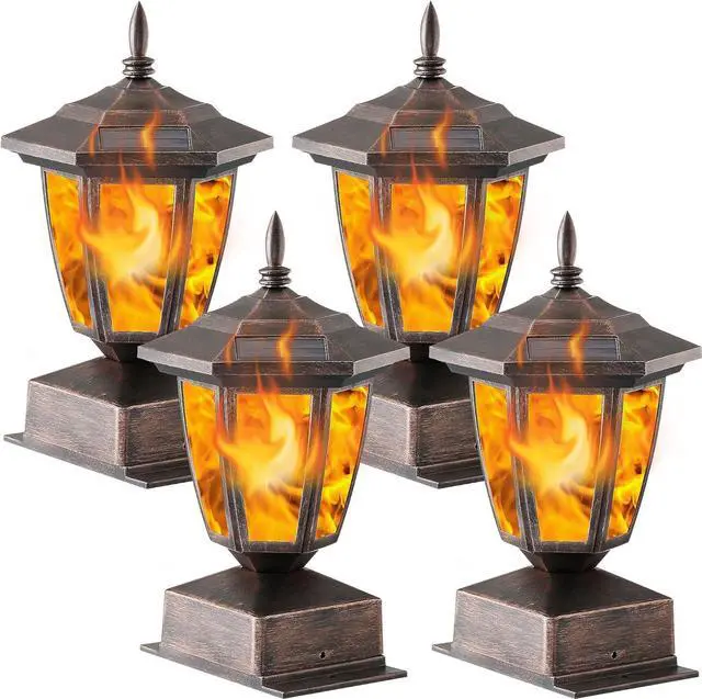 Main image of Dynaming 4 Pack Solar Flame Post Lights Outdoor, Solar Powered Lamps Fence Post Cap Lights, Flickering Flame LED Lantern Waterproof for Garden Deck Patio, Fit 4x4, 5x5 or 6x6 Wooden Posts, Bronze