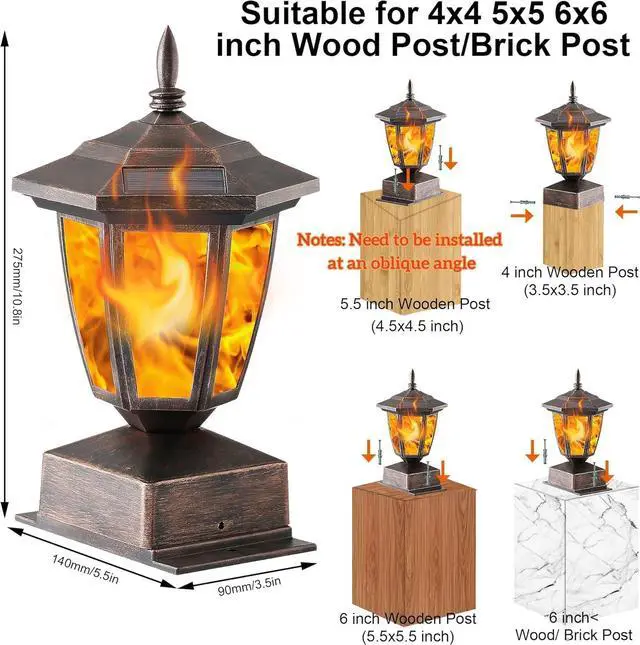 Alt view image 2 of 7 - Dynaming 4 Pack Solar Flame Post Lights Outdoor, Solar Powered Lamps Fence Post Cap Lights, Flickering Flame LED Lantern Waterproof for Garden Deck Patio, Fit 4x4, 5x5 or 6x6 Wooden Posts, Bronze