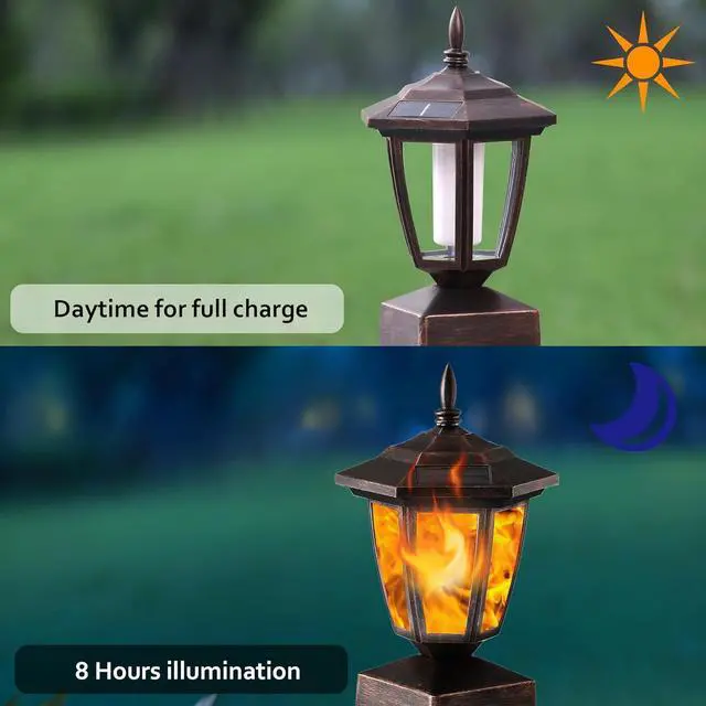 Alt view image 3 of 7 - Dynaming 4 Pack Solar Flame Post Lights Outdoor, Solar Powered Lamps Fence Post Cap Lights, Flickering Flame LED Lantern Waterproof for Garden Deck Patio, Fit 4x4, 5x5 or 6x6 Wooden Posts, Bronze