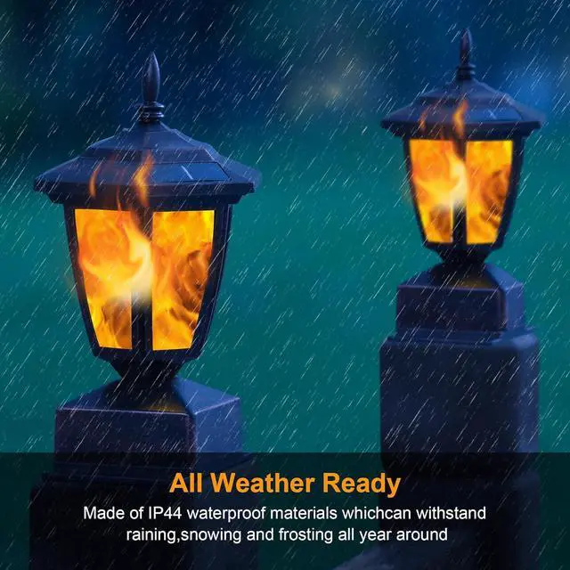 Alt view image 4 of 7 - Dynaming 4 Pack Solar Flame Post Lights Outdoor, Solar Powered Lamps Fence Post Cap Lights, Flickering Flame LED Lantern Waterproof for Garden Deck Patio, Fit 4x4, 5x5 or 6x6 Wooden Posts, Bronze