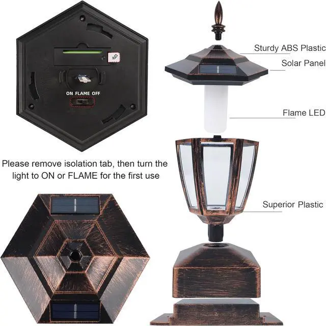 Alt view image 6 of 7 - Dynaming 4 Pack Solar Flame Post Lights Outdoor, Solar Powered Lamps Fence Post Cap Lights, Flickering Flame LED Lantern Waterproof for Garden Deck Patio, Fit 4x4, 5x5 or 6x6 Wooden Posts, Bronze
