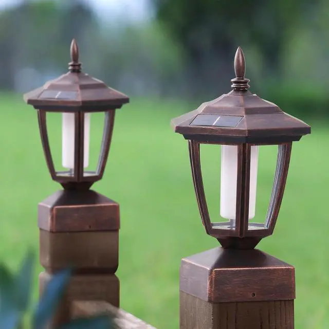 Alt view image 7 of 7 - Dynaming 4 Pack Solar Flame Post Lights Outdoor, Solar Powered Lamps Fence Post Cap Lights, Flickering Flame LED Lantern Waterproof for Garden Deck Patio, Fit 4x4, 5x5 or 6x6 Wooden Posts, Bronze