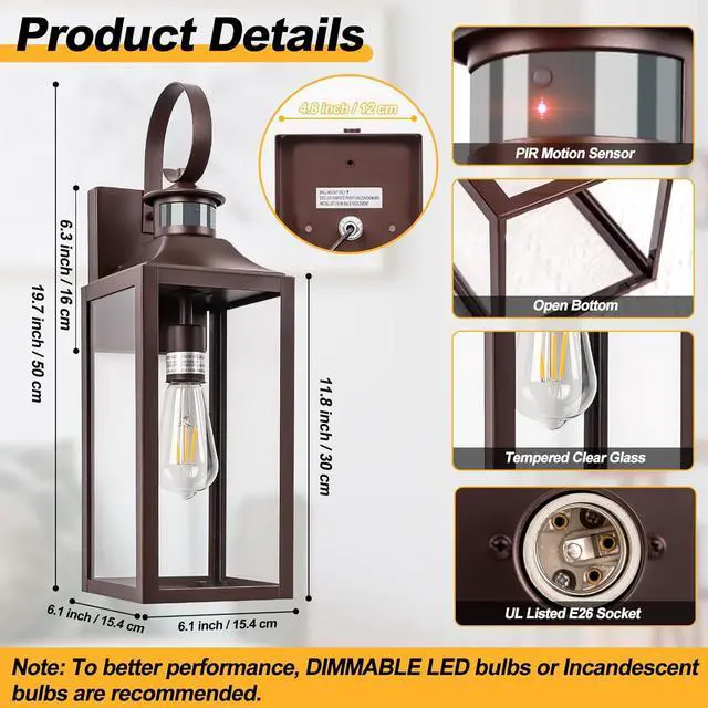 Alt view image 2 of 7 - Large Motion Sensor Outdoor Wall Light 20" - Oil Rubbed Bronze Dusk to Dawn Outdoor Lighting, Modern Wall Mount Light Fixture, Brown Porch Light Fixture for Outside House Garage, 3 Modes