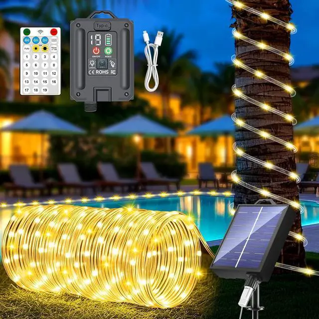 Main image of New Upgraded Solar Rope Lights Outdoor Waterproof 105ft 300 LED Solar Powered String Lights with Remote Timing Dimmable 19 Modes Fairy Lights for Outside Pool Tree Yard Christmas Decor (300LED-Warm)