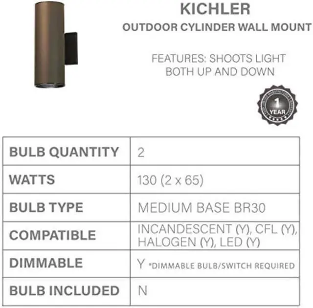 Alt view image 4 of 4 - Kichler Cylinders 12" 2-Light Outdoor Cylinder Wall Sconce in Architectural Bronze, (12" H x 4.75" W), 9244AZ