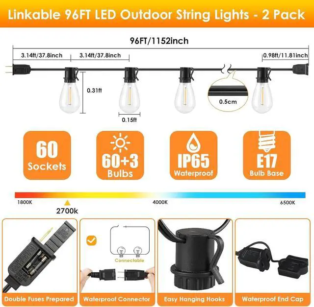 Alt view image 3 of 7 - 192FT(2x96FT) LED Outdoor String Lights, Patio Lights with 60+3 Shatterproof Waterproof 2700K Dimmable Bulbs, Linkable Light for Balcony-Black