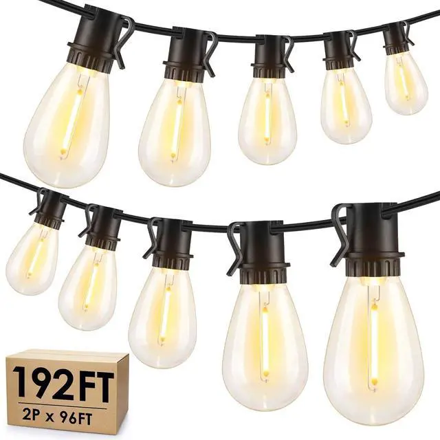 Main image of 192FT(2x96FT) LED Outdoor String Lights, Patio Lights with 60+3 Shatterproof Waterproof 2700K Dimmable Bulbs, Linkable Light for Balcony-Black
