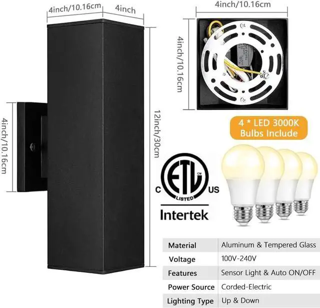 Alt view image 3 of 7 - SHIMR Outdoor Wall Lights Dusk to Dawn 2 Pack, ETL Listed Outdoor Light Fixture Wall Mount, Aluminum Anti-Rust Up and Down Outside Lights for House Porch Garage Patio, LED Bulbs Include