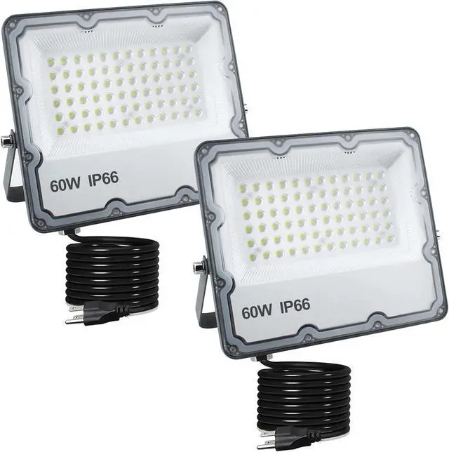Main image of 2 Pack 60W Led Outdoor Flood Light, Exterior Flood Lights, Plug in Flood Light, for Yard, Stadium, Playground, Lawn,Garden, Garages,Basketball Court