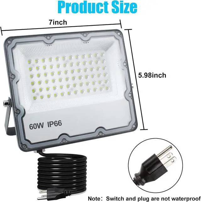 Alt view image 4 of 7 - 2 Pack 60W Led Outdoor Flood Light, Exterior Flood Lights, Plug in Flood Light, for Yard, Stadium, Playground, Lawn,Garden, Garages,Basketball Court