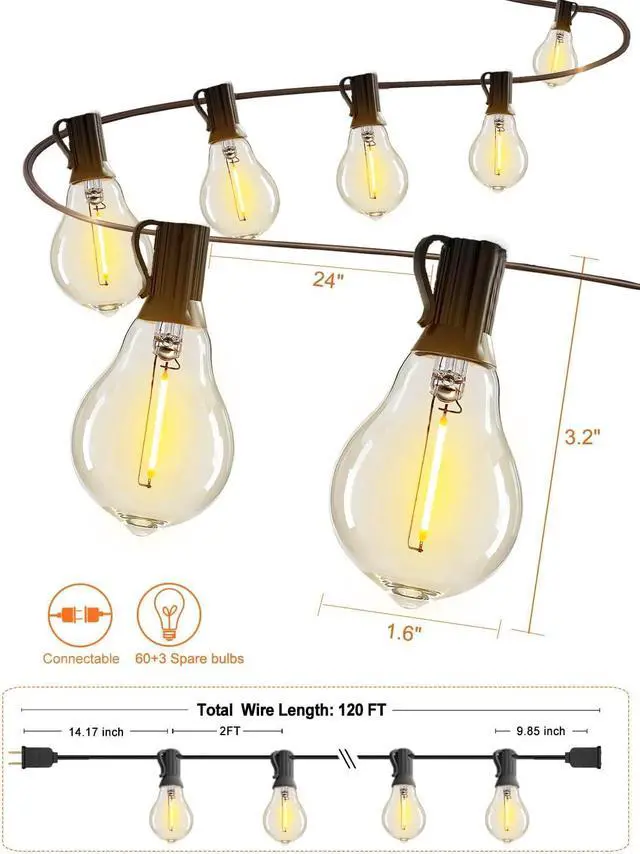 Alt view image 6 of 6 - DAMAING Outdoor String Lights 120FT Waterproof Patio String Lights with 63 Shatterproof Dimmable A39 LED Bulbs, Connectable Outdoor Lighting for Backyard Porch Bistro and Balcony 2200K Black Cord