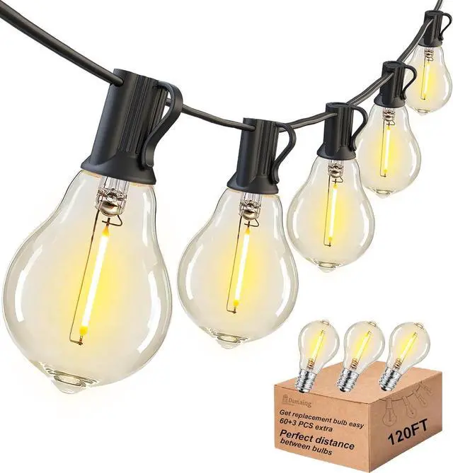 Main image of DAMAING Outdoor String Lights 120FT Waterproof Patio String Lights with 63 Shatterproof Dimmable A39 LED Bulbs, Connectable Outdoor Lighting for Backyard Porch Bistro and Balcony 2200K Black Cord