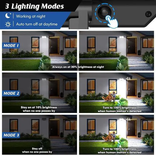 Alt view image 5 of 7 - Solar Outdoor Lights, Motion Sensor Dusk to Dawn Wall Lights Waterproof, LED Outside Solar Powered Security Flood Light Fixtures 3 Modes with 16FT Cable for Front Door Porch Shed Barn Garage, 2 Packs