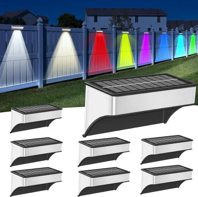 Main image of Solar Fence Lights Outdoor, LED Step Lights with 9 Lighting Options, Stainless Steel & IP65 Waterproof, Dusk to Dawn, Wall Lamps for Outside, Deck, Steps, Patio, Backyard Decor (8 Packs)