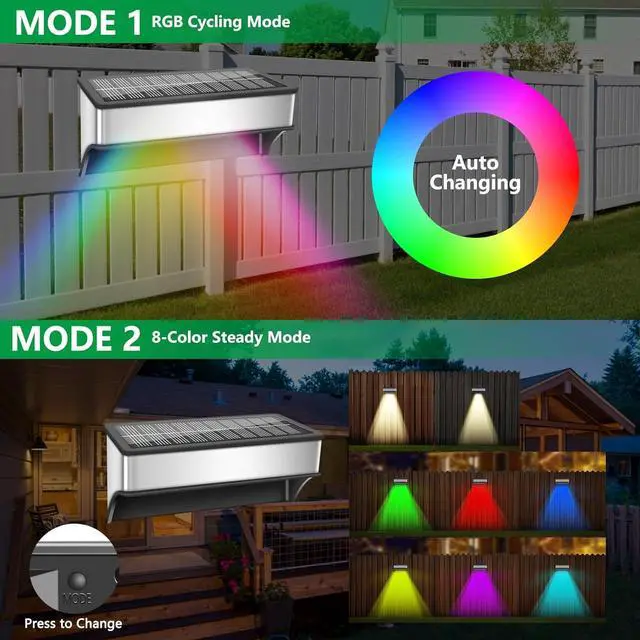 Alt view image 2 of 7 - Solar Fence Lights Outdoor, LED Step Lights with 9 Lighting Options, Stainless Steel & IP65 Waterproof, Dusk to Dawn, Wall Lamps for Outside, Deck, Steps, Patio, Backyard Decor (8 Packs)