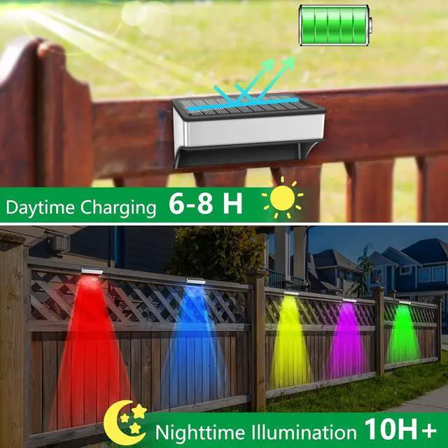 Alt view image 4 of 7 - Solar Fence Lights Outdoor, LED Step Lights with 9 Lighting Options, Stainless Steel & IP65 Waterproof, Dusk to Dawn, Wall Lamps for Outside, Deck, Steps, Patio, Backyard Decor (8 Packs)
