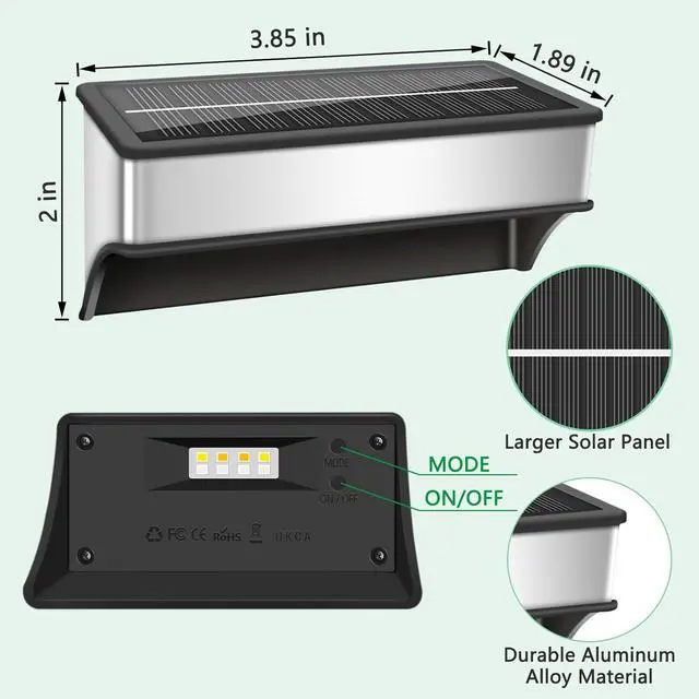 Alt view image 5 of 7 - Solar Fence Lights Outdoor, LED Step Lights with 9 Lighting Options, Stainless Steel & IP65 Waterproof, Dusk to Dawn, Wall Lamps for Outside, Deck, Steps, Patio, Backyard Decor (8 Packs)