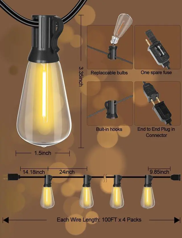 Alt view image 5 of 7 - SUFEIMAS Outdoor String Lights Waterproof 400FT (100ft*4) shatterproof Patio Lights for Outside with 212 Vintage dimmable LED Edison Bulbs,Backyard Lights for Fence Garden,Balcony Porch Party Bistro